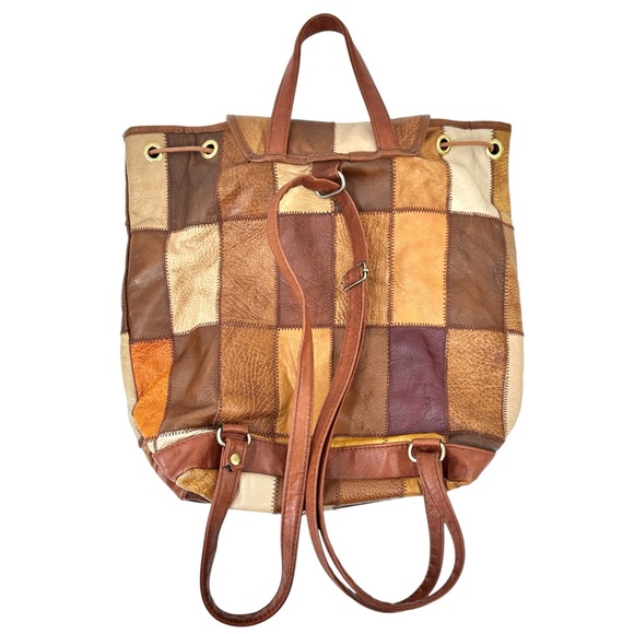 Vintage Brown Patchwork Leather Backpack With Top Handle Strap - Picture 12 of 14